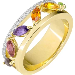 Ring Damenring aus 585 Gold Gelbgold 6 bunte Edelsteine 26 Diamanten 0,169 Ct.