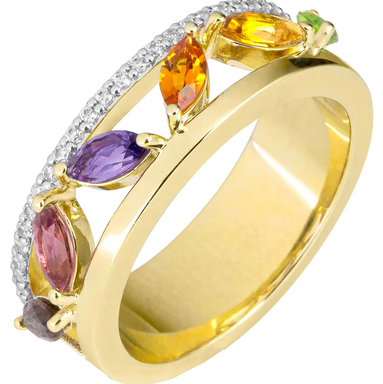 Ring Damenring aus 585 Gold Gelbgold 6 bunte Edelsteine 26 Diamanten 0,169 Ct.