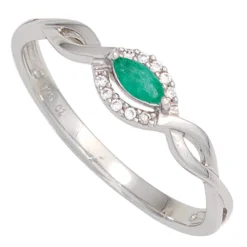 Ring Damenring aus 375 Gold Weißgold mit Smaragd grün & 10 Diamanten 0,04 Ct.