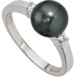 Ring Damenring, dunkle synthetische Perle & Zirkonia 925 Silber Damen