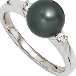 Ring Damenring, dunkle synthetische Perle & Zirkonia 925 Silber Damen