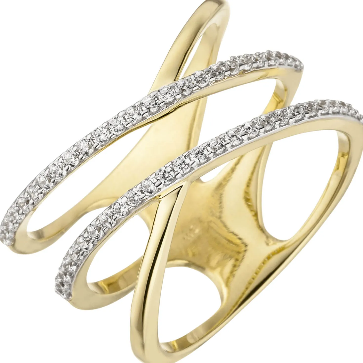 Ring Damenring elegant verformt weiße Zirkonia breit 3-reihig 375 Gold Gelbgold