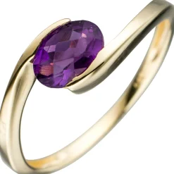 Ring Damenring Goldring mit Amethyst violett lila oval, 333 Gold Gelbgold Damen