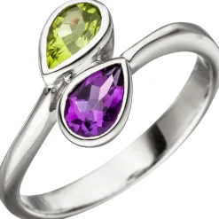 Ring Damenring mit Amethyst lila violett & Peridot grün 925 Silber Edelsteinring