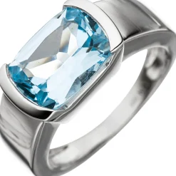 Ring Damenring mit Blautopas rechteckig blau hellblau, 585 Gold Weißgold