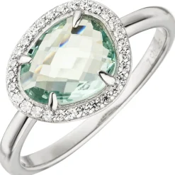 Ring Damenring mit hellblauen Glasstein weißen Zirkonia, 925 Silber, rhodiniert