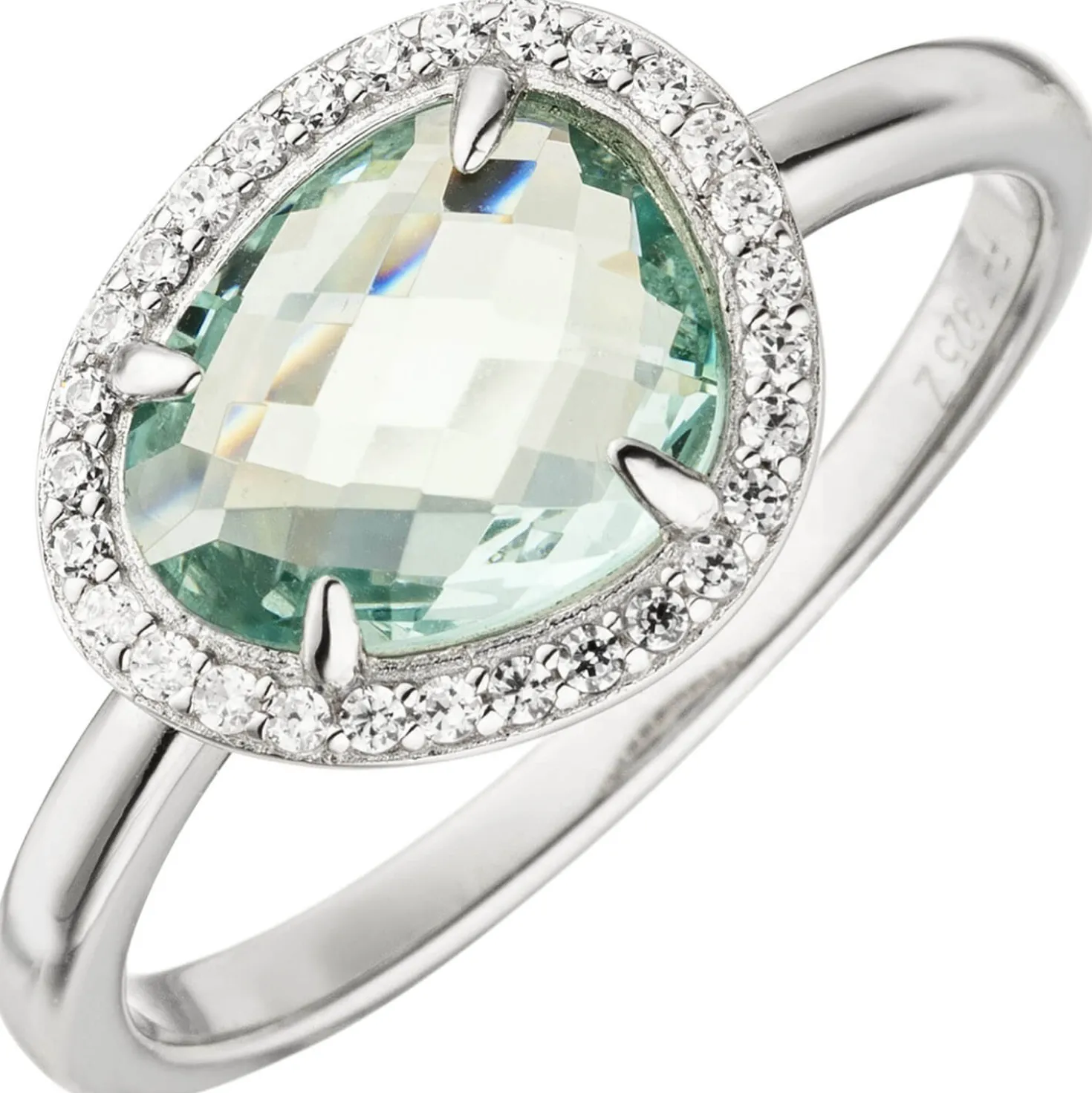 Ring Damenring mit hellblauen Glasstein weißen Zirkonia, 925 Silber, rhodiniert