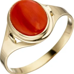 Ring Damenring mit Koralle rot oval, 333 Gold Gelbgold Korallenring schlicht