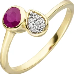 Ring Damenring mit Rubin rot & 9 Zirkonia weiß 333 Gold Gelbgold Kreis & Tropfen