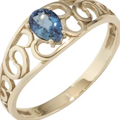 Ring Damenring mit Saphir Safir blau, 585 Gold Gelbgold Fingerring mit Muster