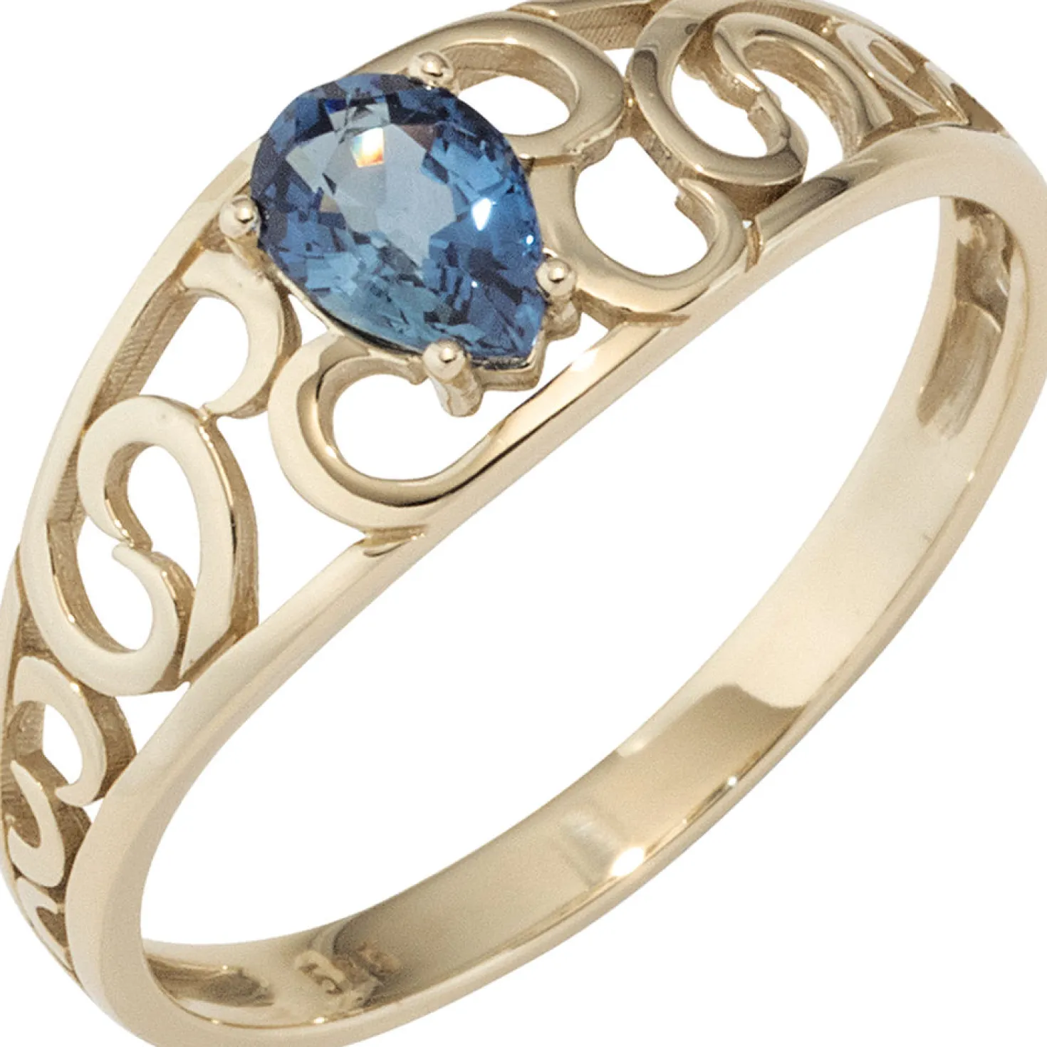 Ring Damenring mit Saphir Safir blau, 585 Gold Gelbgold Fingerring mit Muster