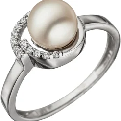 Ring Damenring mit Süßwasser Perle Zuchtperle weiß & Zirkonia 925 Silber elegant