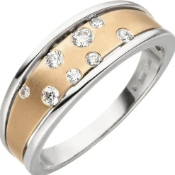 Ring Damenring mit weißen Zirkonia, 375 Gold Weißgold Rotgold bicolor mattiert