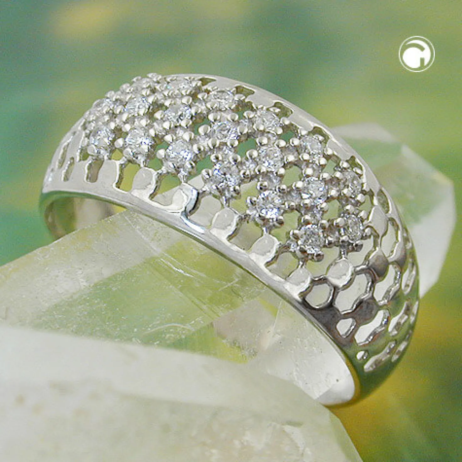 Ring Damenring mit weißen Zirkonia Netz gewölbt 925 Silber