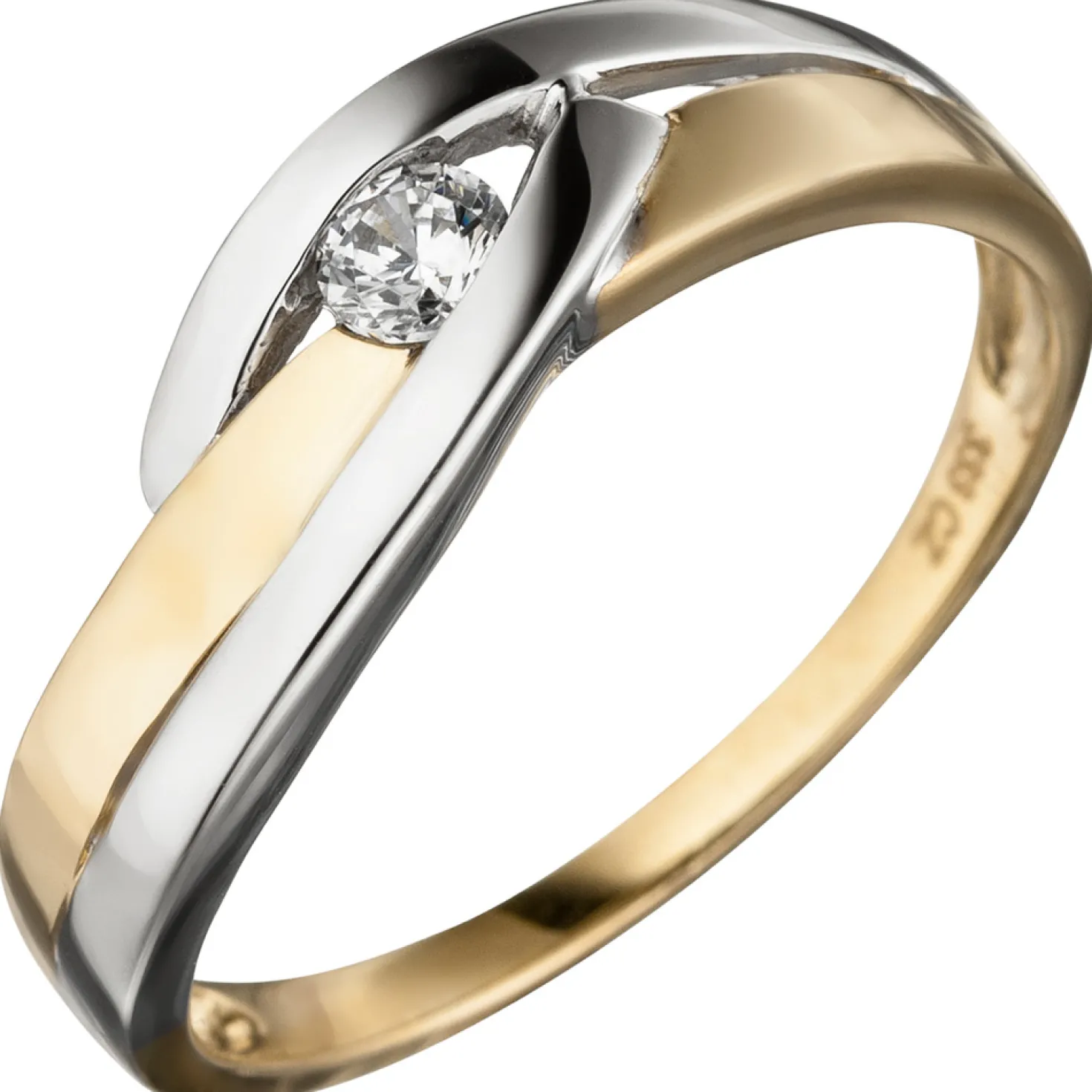 Ring Damenring mit Zirkonia weiß, 333 Gold Gelbgold teilrhodiniert bicolor