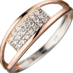 Ring Damenring mit Zirkonia weiß in drei Reihen 925 Silber rotvergoldet Damen