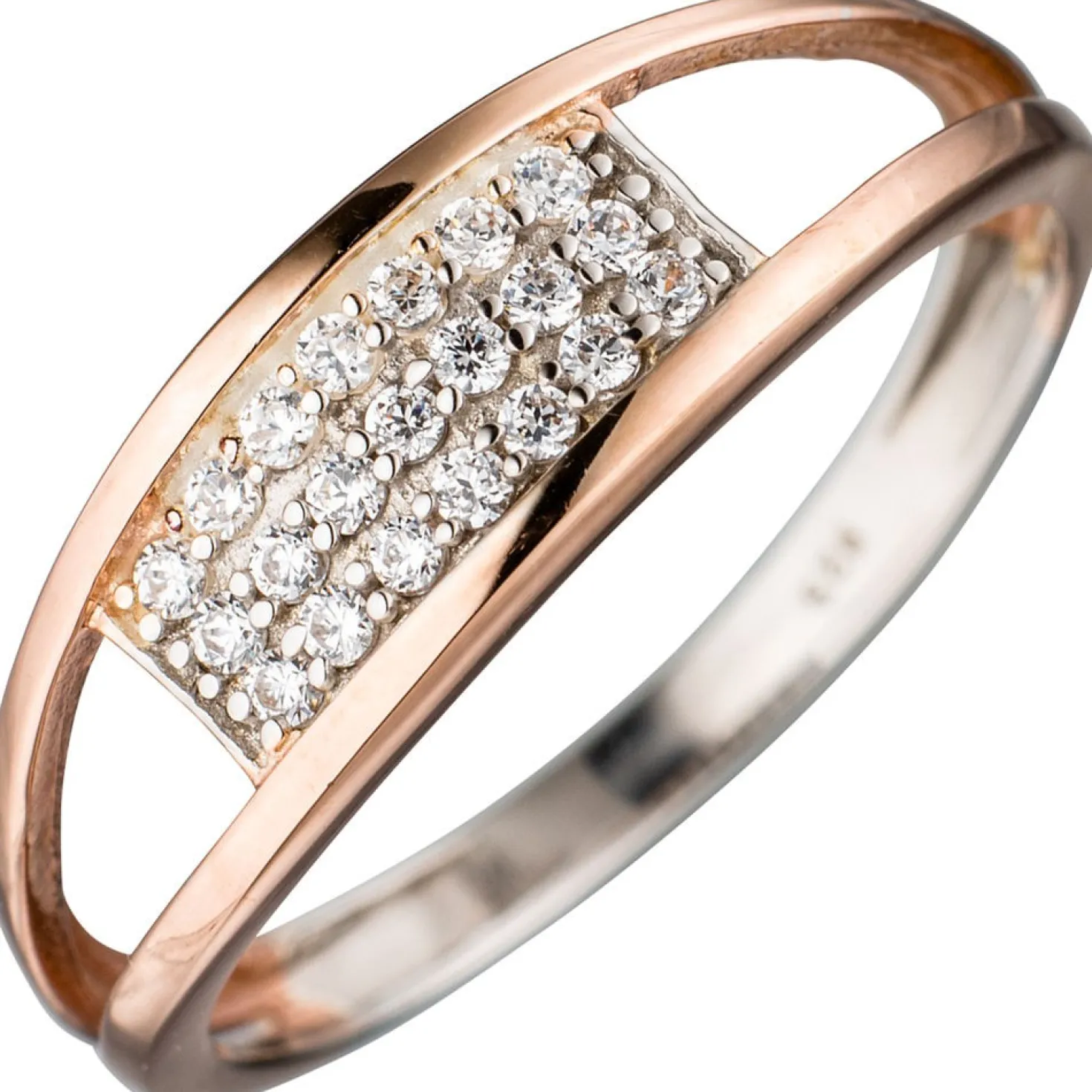 Ring Damenring mit Zirkonia weiß in drei Reihen 925 Silber rotvergoldet Damen