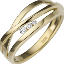 Ring Damenring 3-reihig mit 3 Diamant 0.08Ct W/SI Brillanten 585 Gold Gelbgold