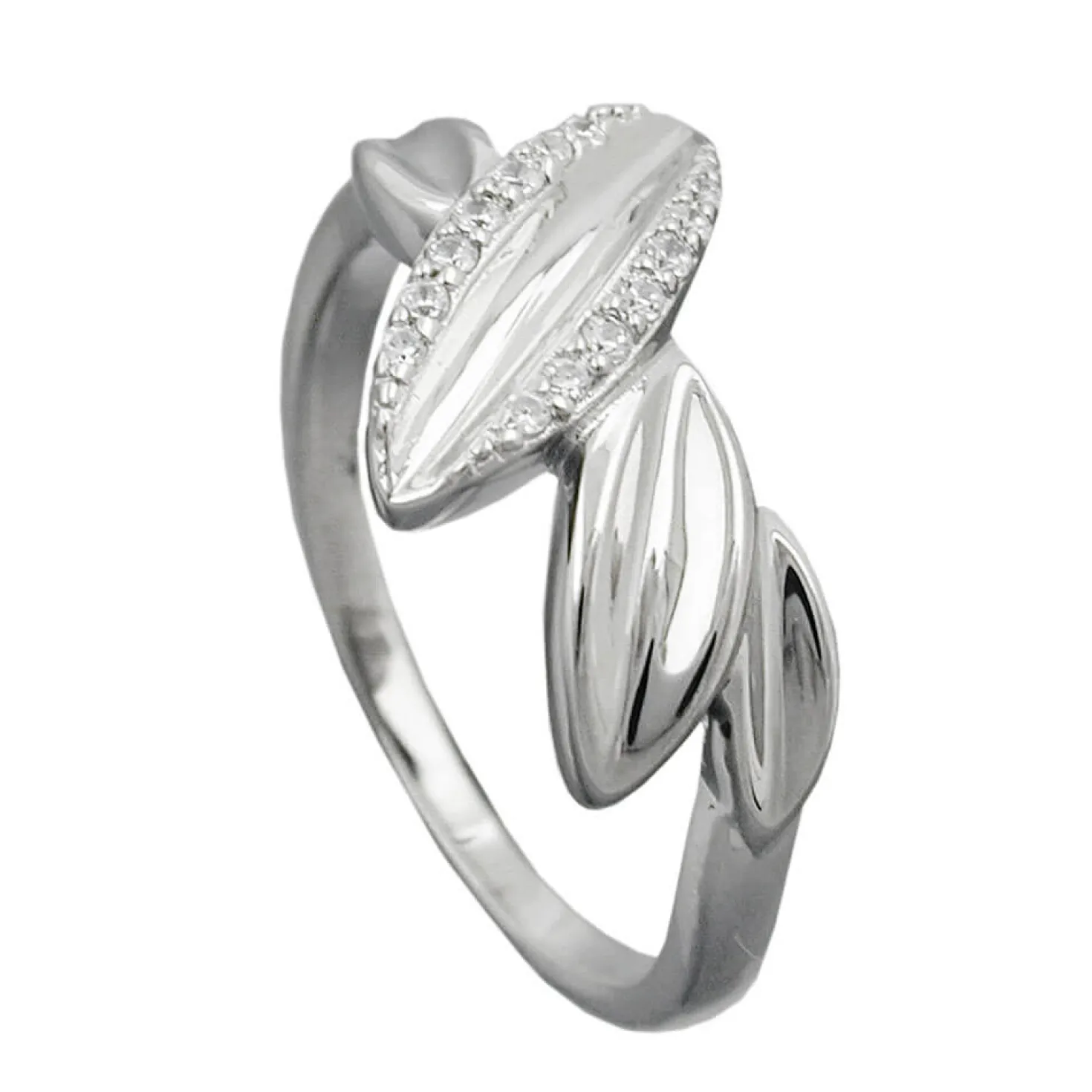 Ring Damenring spitzovale Blätter mit weißen Zirkonia 925 Silber