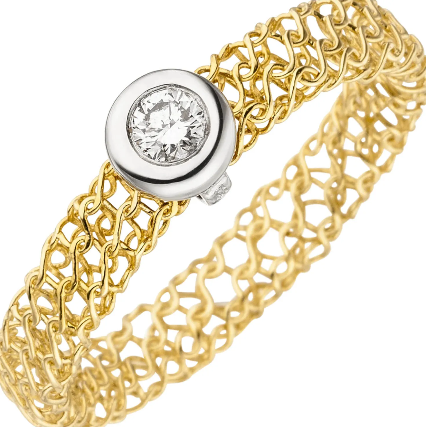 Ring Diamant 0.1Ct W/SI Brillant geflochten 750 Gold Gelbgold Weißgold