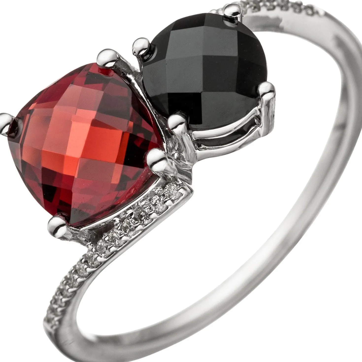 Ring 24 Diamanten 0.07Ct Brillanten Granat Onyx schwarz 585 Gold Weißgold