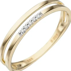 Ring 5 Diamanten 0.025Ct W/P1 Brillanten 2-reihig 585 Gold Gelbgold