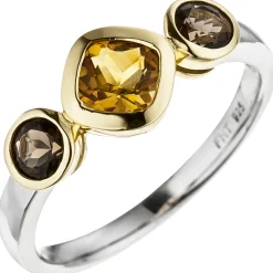 Ring gelber Citrin zwischen Rauchquarzen 925 Silber Gelbgold vergoldet