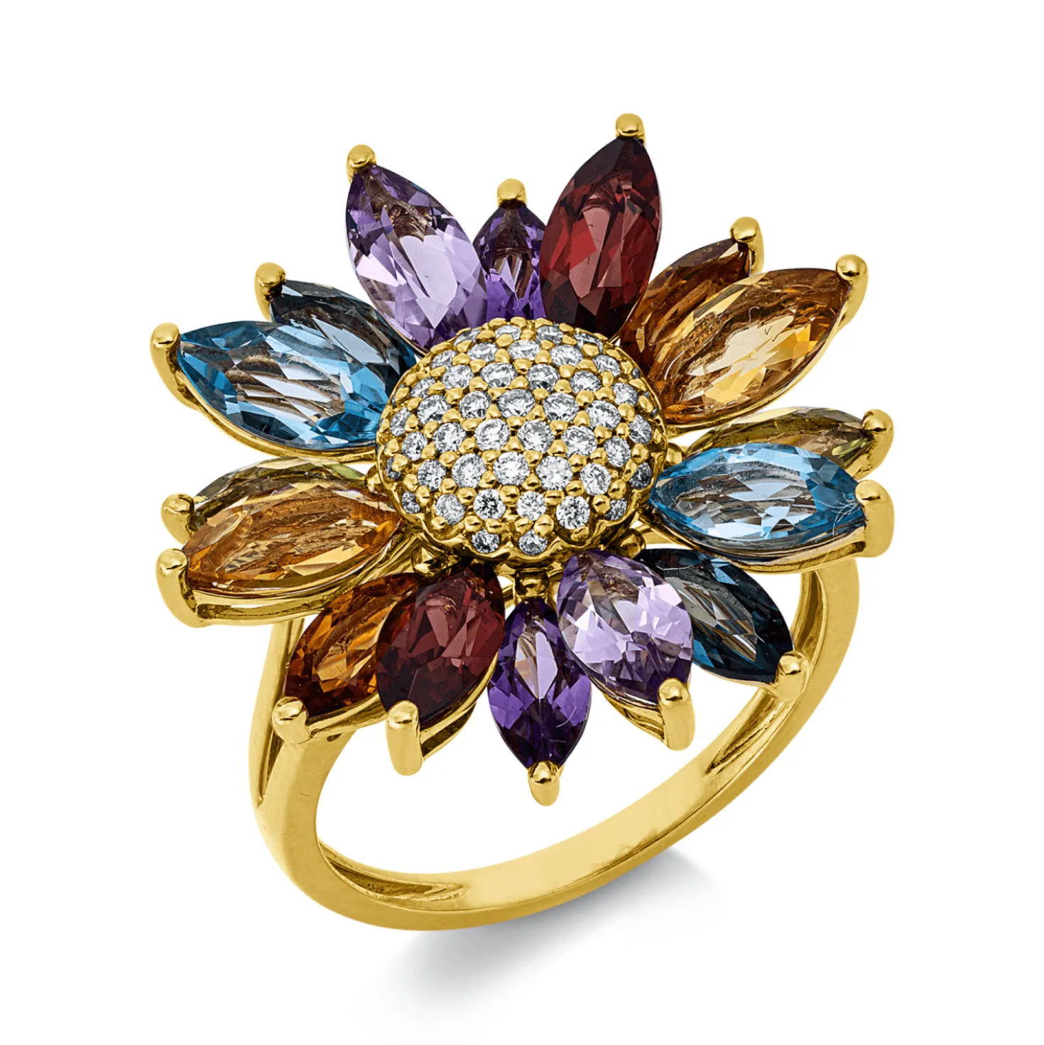 Ring 750 Gelbgold 16 Farbsteine 5,2ct mehrfarbig 49 Brillanten 0,22ct TW-SI B:22mm