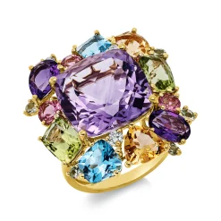 Ring 750 Gelbgold 18 Farbsteine 17,66ct mehrfarbig 3 Brillanten 0,12ct TW-SI B:23mm