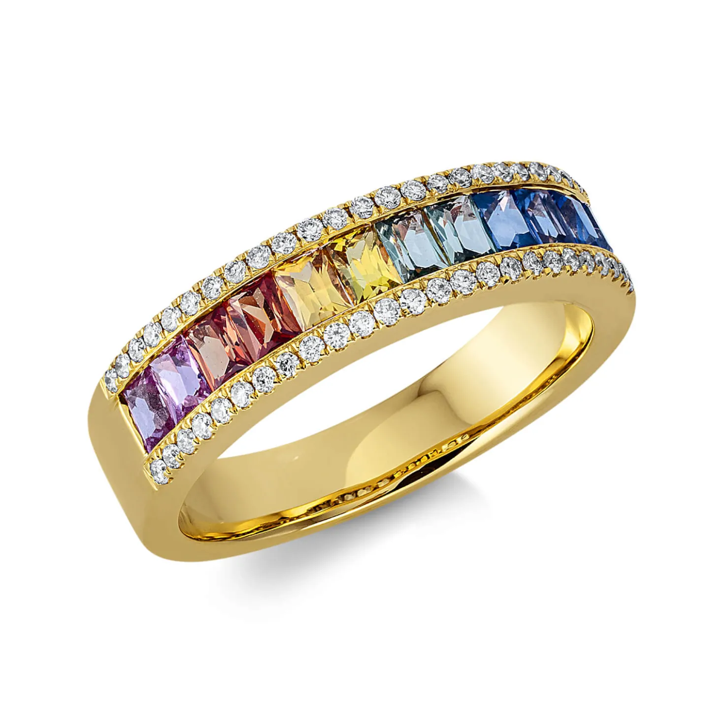 Ring 750 Gelbgold 12 Saphire 1,28ct mehrfarbig 50 Brillanten 0,19ct TW-SI B:5,1mm