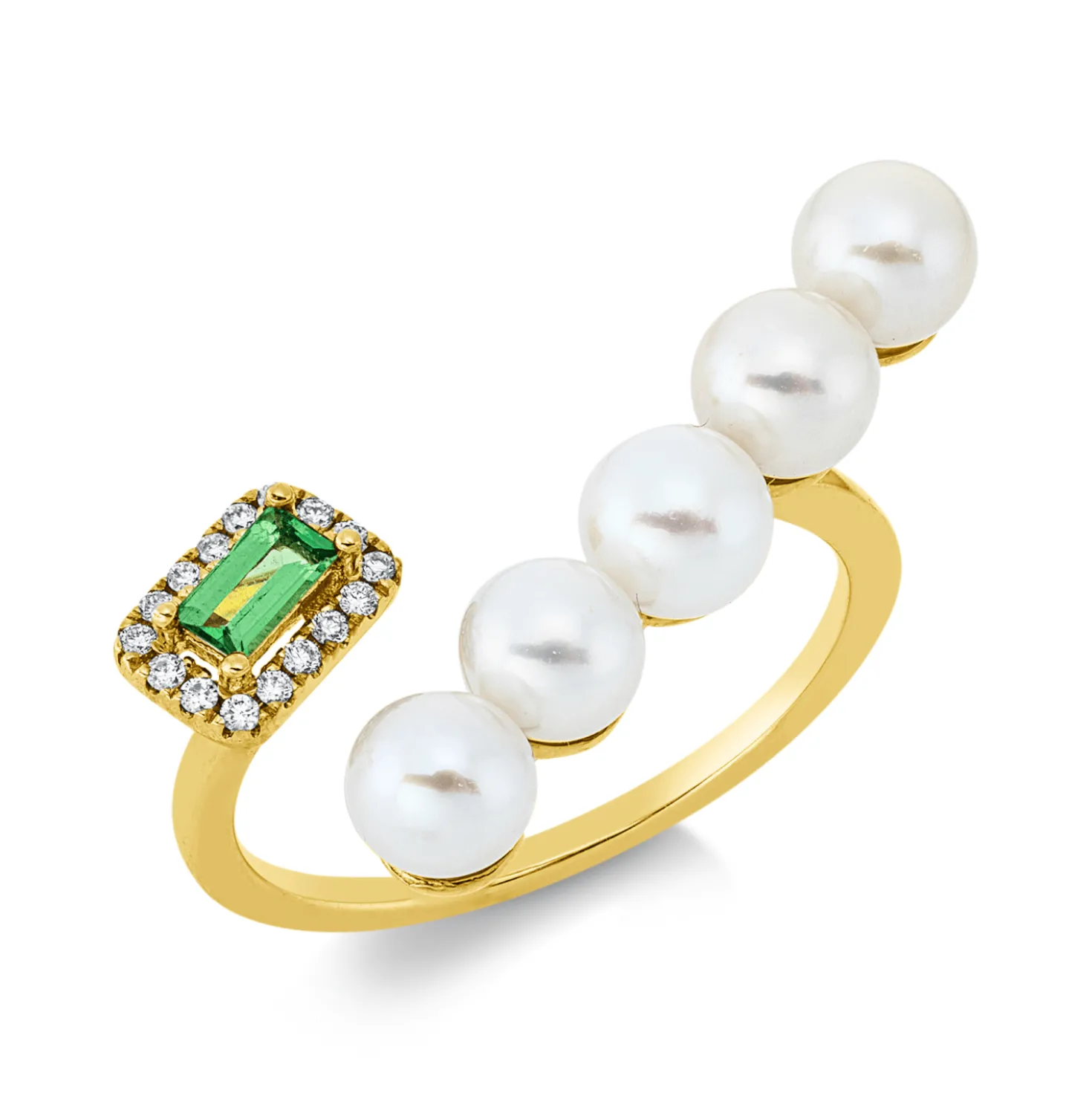 Ring 750 Gelbgold 5 Süßwasser-Perlen 4,5mm weiß Tsavorith 0,13ct grün B:12mm
