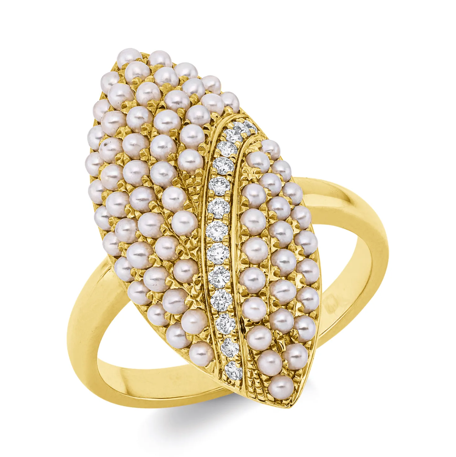 Ring 750 Gelbgold 72 Süßwasser-Perlen weiß 14 Brillanten 0,1ct TW-SI B:24,4mm