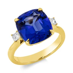 Ring 750 Gelbgold Tansanit 5,95ct blau 2 Diamanten Prinzess-Schliff 0,17ct TW-SI