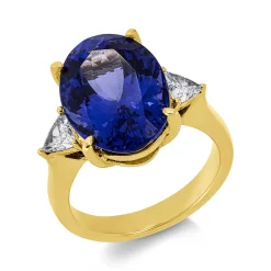 Ring 750 Gelbgold Tansanit 9,85ct blau 2 Diamanten Triangel-Schliff 0,38ct TW-SI