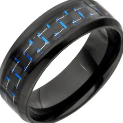Ring Herrenring, Edelstahl schwarz lackiert mit Carbon Einlagen blaue Striche