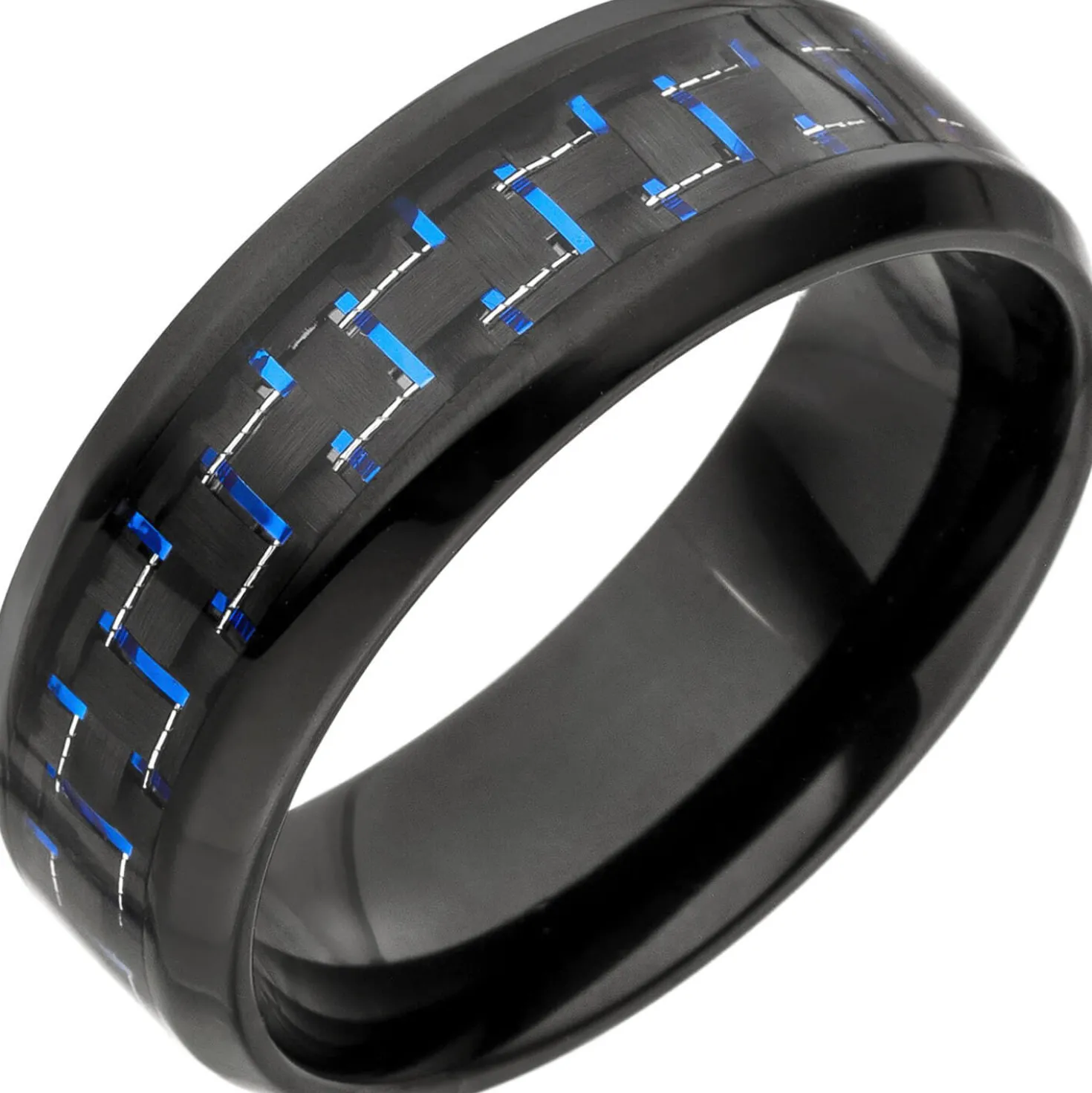 Ring Herrenring, Edelstahl schwarz lackiert mit Carbon Einlagen blaue Striche