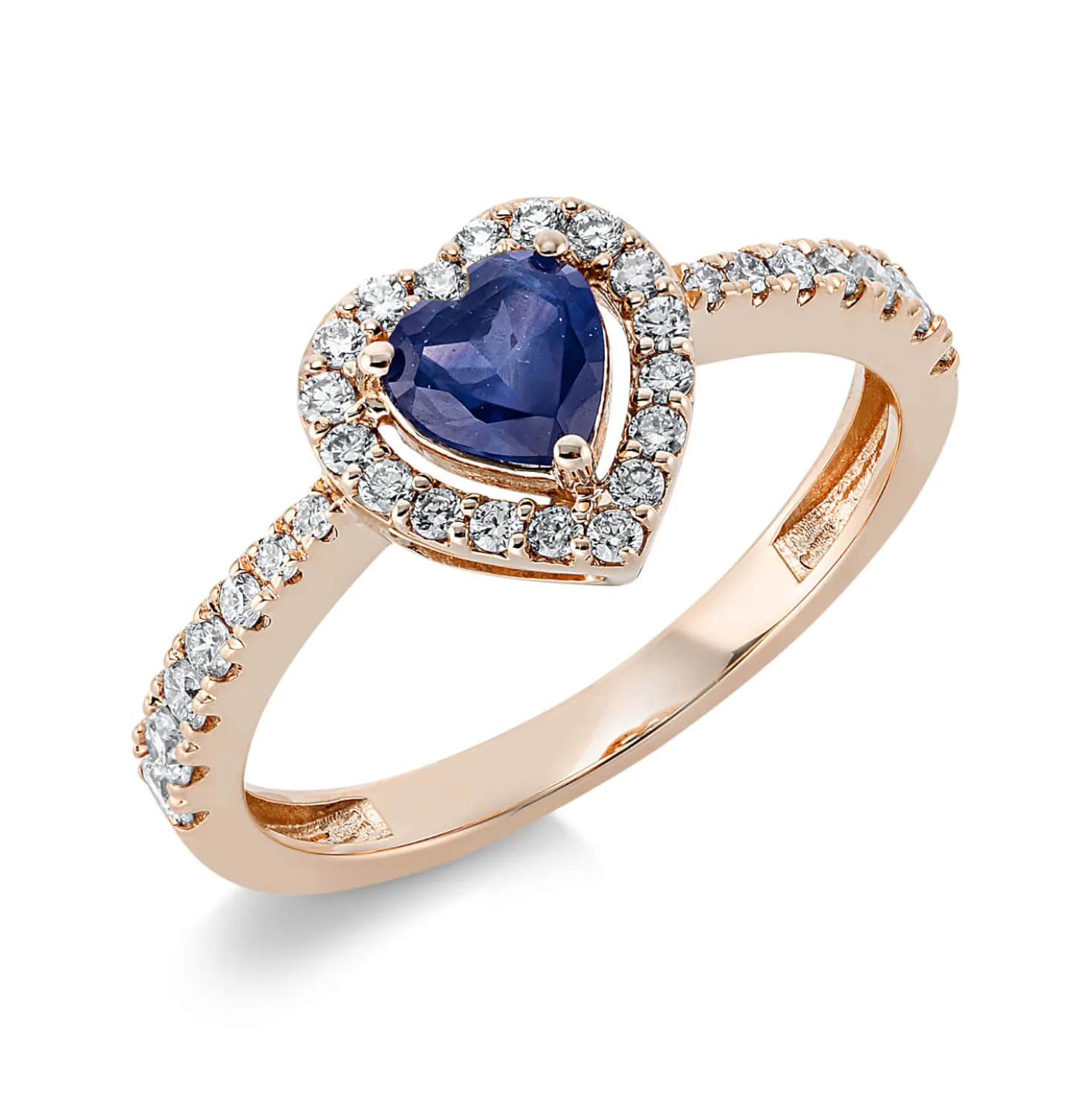 Ring Herz aus 750 Rotgold Saphir 0,5ct blau 32 Brillanten 0,33ct TW-SI B:8,7mm