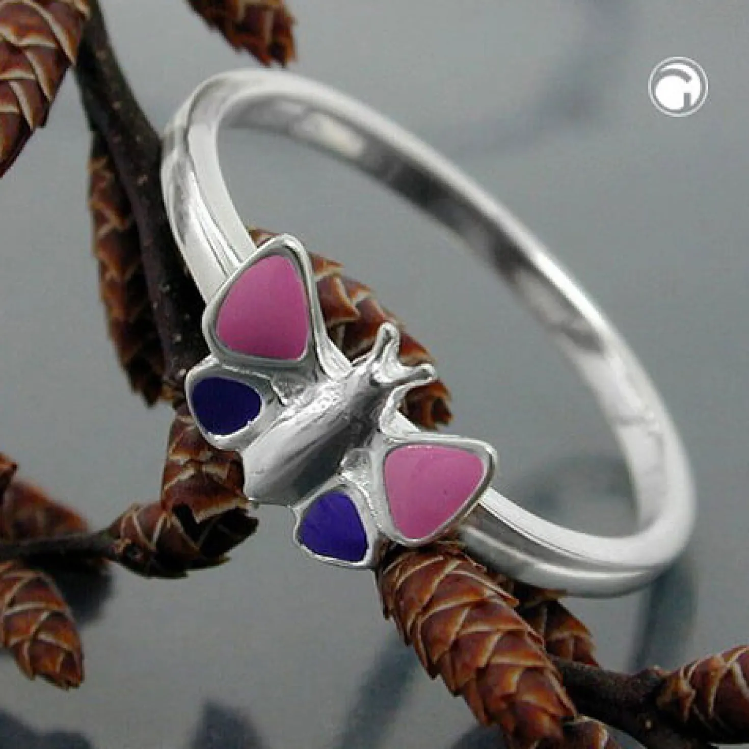 Ring Kinderring Fingerschmuck, Schmetterling, pink-lila lackiert, 925 Silber