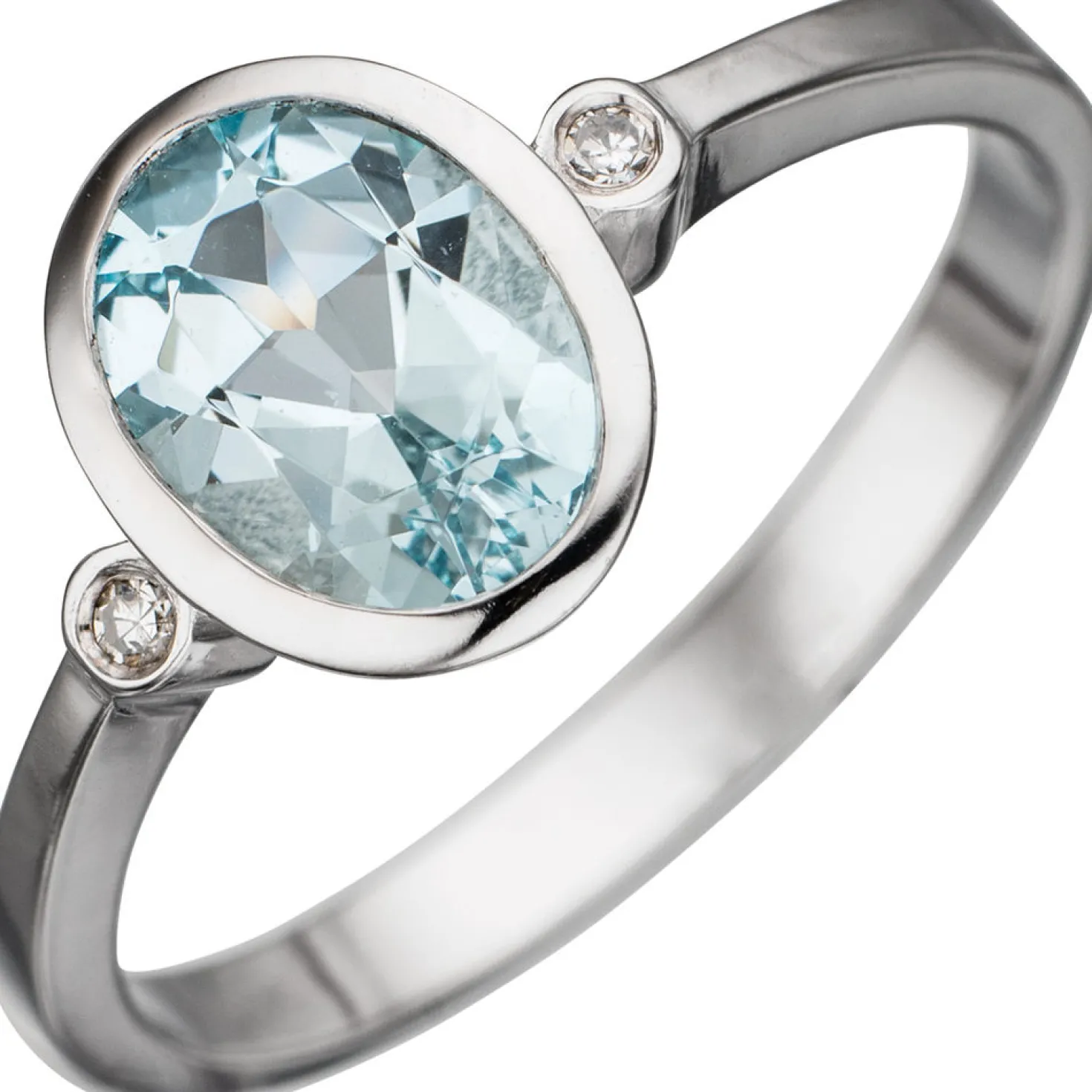 Ring mit Aquamarin blau hellblau & 2 Brillanten 0.02Ct W/SI 585 Gold Weißgold