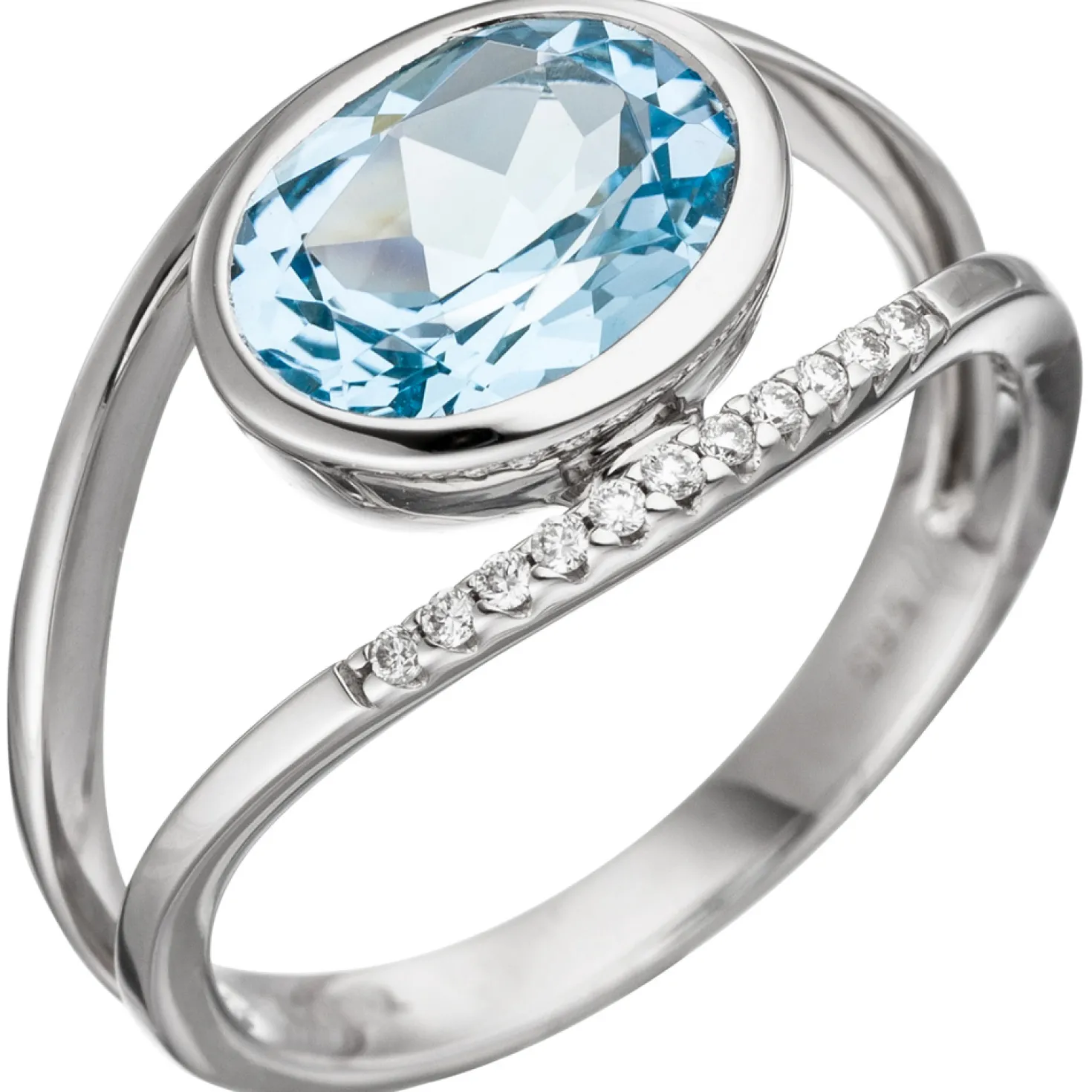 Ring mit Blautopas blau hellblau & 11 Brillanten 0.05Ct W/SI 585 Gold Weißgold