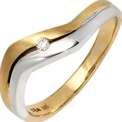 Ring mit Diamant 0.02Ct Brillant gewellt 585 Gold Gelbgold Weißgold