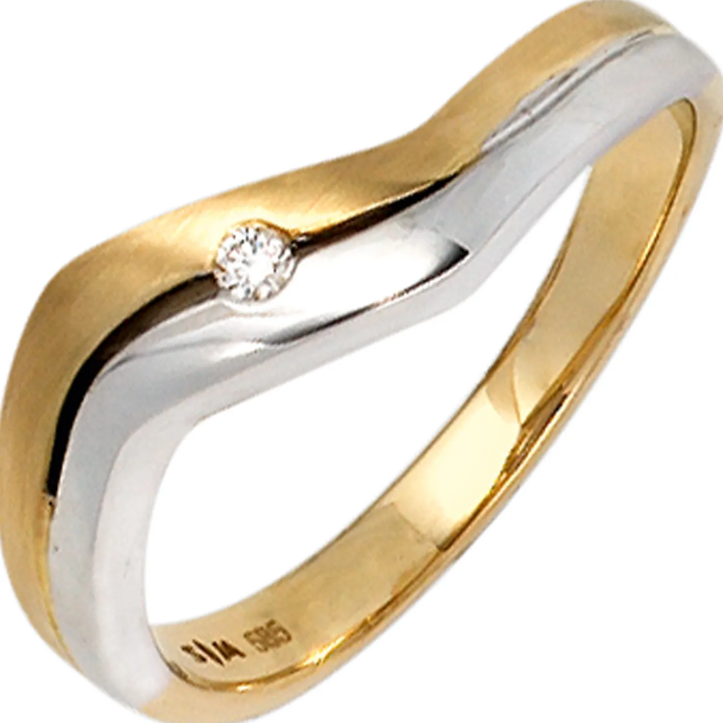 Ring mit Diamant 0.02Ct Brillant gewellt 585 Gold Gelbgold Weißgold