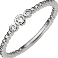 Ring mit 3 Diamant 0.06Ct W/SI Brillanten verkettete Kügelchen 585 Gold Weißgold