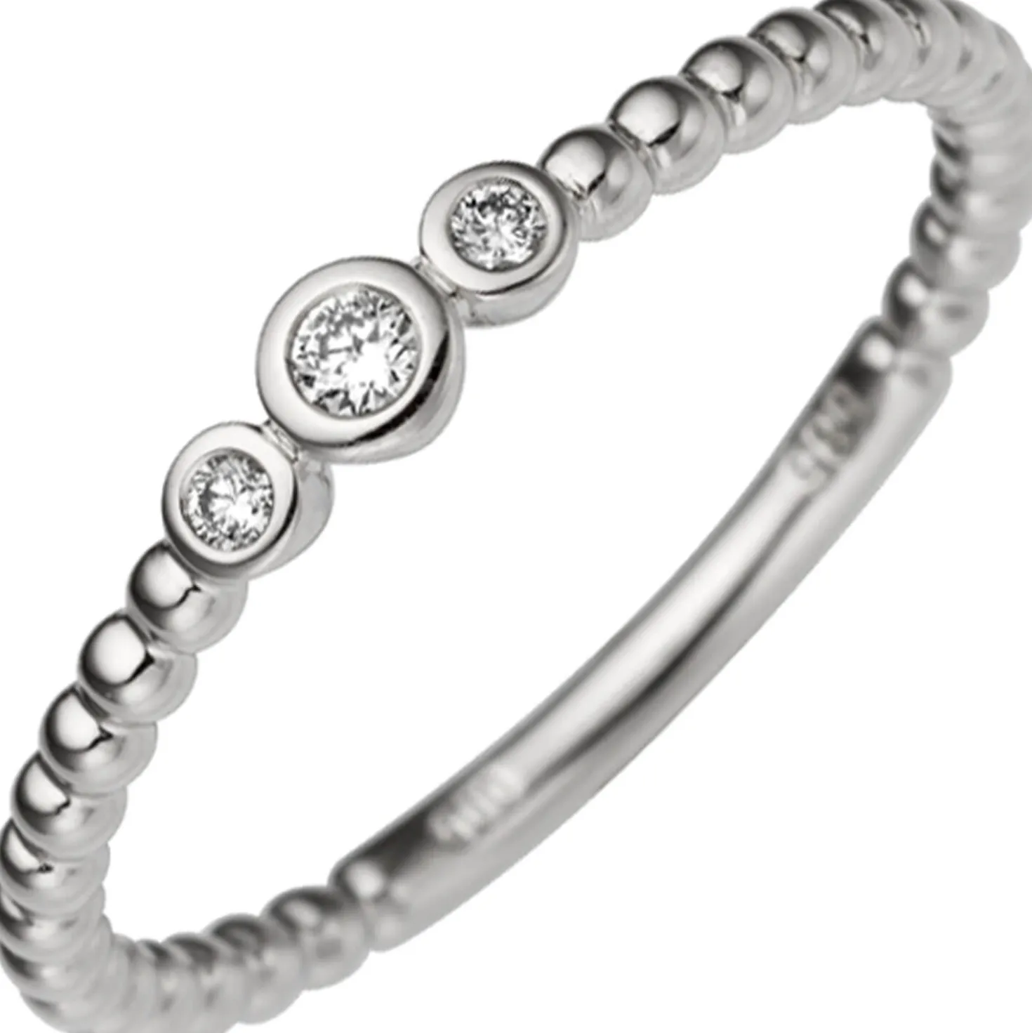 Ring mit 3 Diamant 0.06Ct W/SI Brillanten verkettete Kügelchen 585 Gold Weißgold
