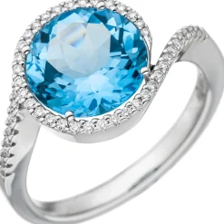 Ring mit 47 Diamanten 0.24Ct Brillanten & Blautopas 585 Gold Weißgold