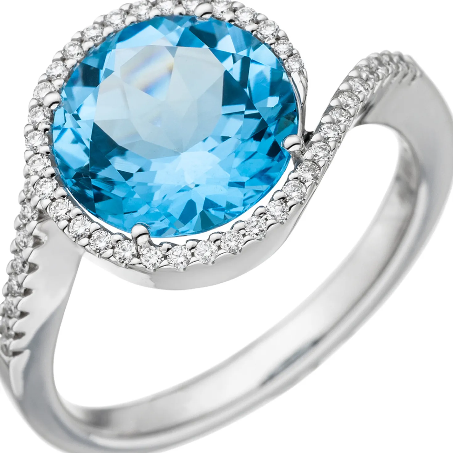 Ring mit 47 Diamanten 0.24Ct Brillanten & Blautopas 585 Gold Weißgold