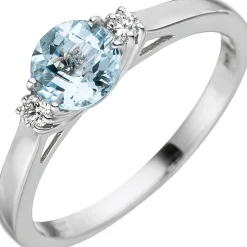 Ring mit 2 Diamanten 0.07Ct W/P1 Brillanten Aquamarin hellblau 585 Gold Weißgold