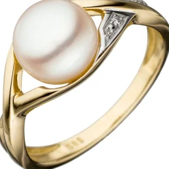 Ring mit Perle Süßwasser Zuchtperle weiß 585 Gold Gelbgold bicolor 0.005Ct