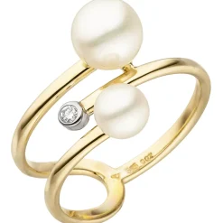 Ring mit 2 Süßwasser Perlen creme-weiß & Brillant 0,02 Ct 585 Gold Gelbgold