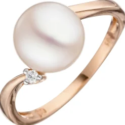 Ring mit Süßwasser Perle weiß & Diamant 0.03Ct W/SI Brillant 585 Gold Rotgold
